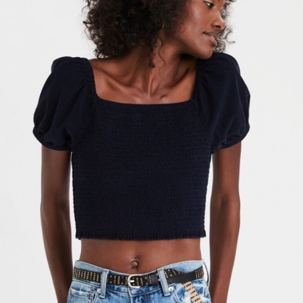 Smocked Puff Sleeve Top Black